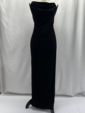 Black Velvet Maxi Dress With Cowl Neckline Open Back, Criss-Cross Straps, Side S